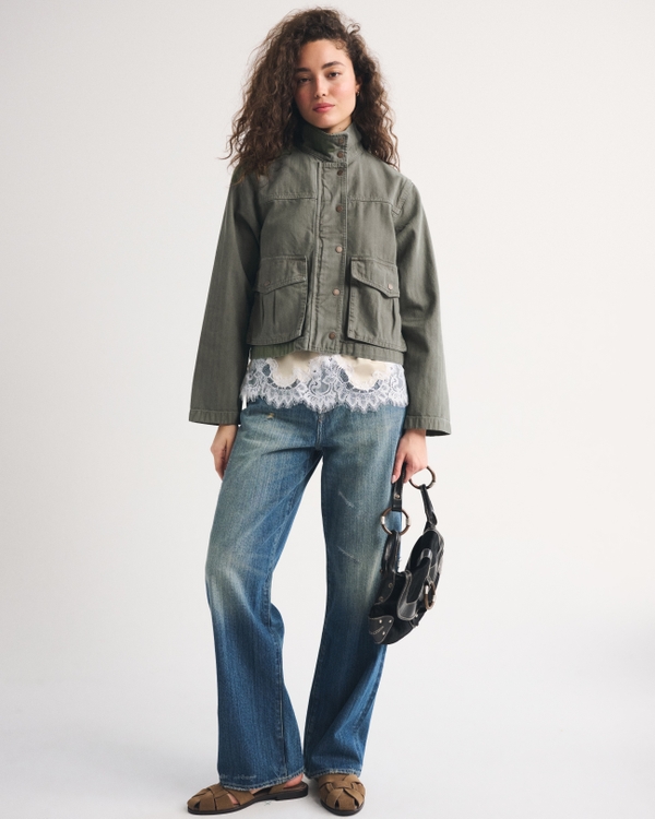 Mock Neck Denim Barn Jacket, Olive view 2