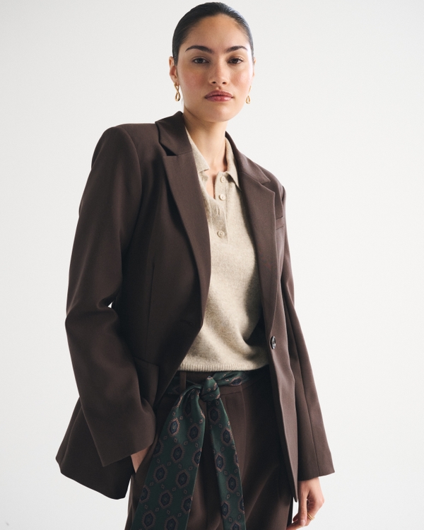 Nipped-Waist Suiting Blazer, Dark Coffee view 1