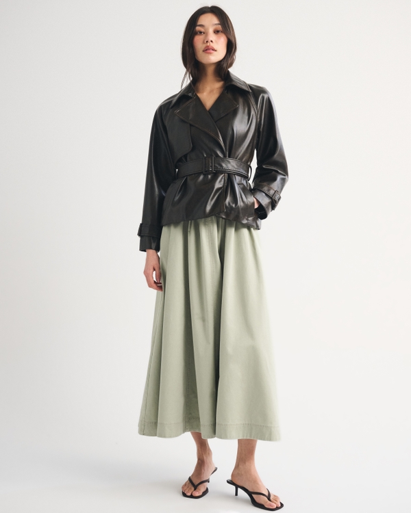 Vegan Leather Belted Short Trench Coat, Dark Brown view 2