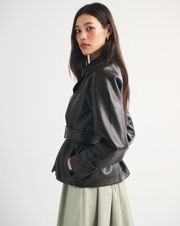 Women's Vegan Leather Belted Short Trench Coat | Women's Coats