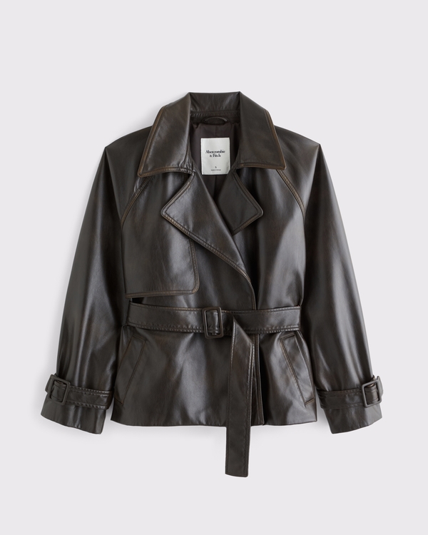 Women's Vegan Leather Belted Short Trench Coat | Women's Coats