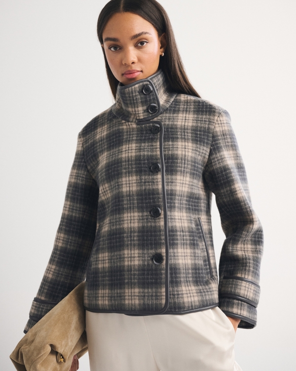 Funnel Neck Wool-Blend Short Coat, Gray Plaid view 1