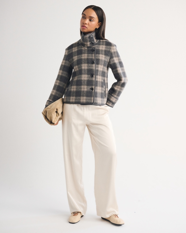 Funnel Neck Wool-Blend Short Coat, Gray Plaid view 2