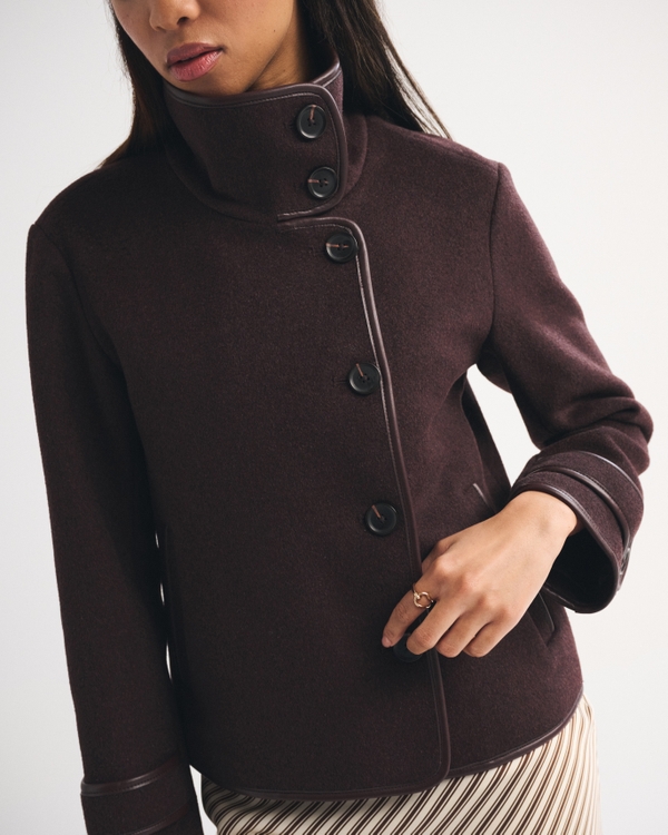 Funnel Neck Wool-Blend Short Coat, Dark Coffee view 1