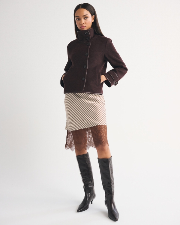 Funnel Neck Wool-Blend Short Coat, Dark Coffee view 2