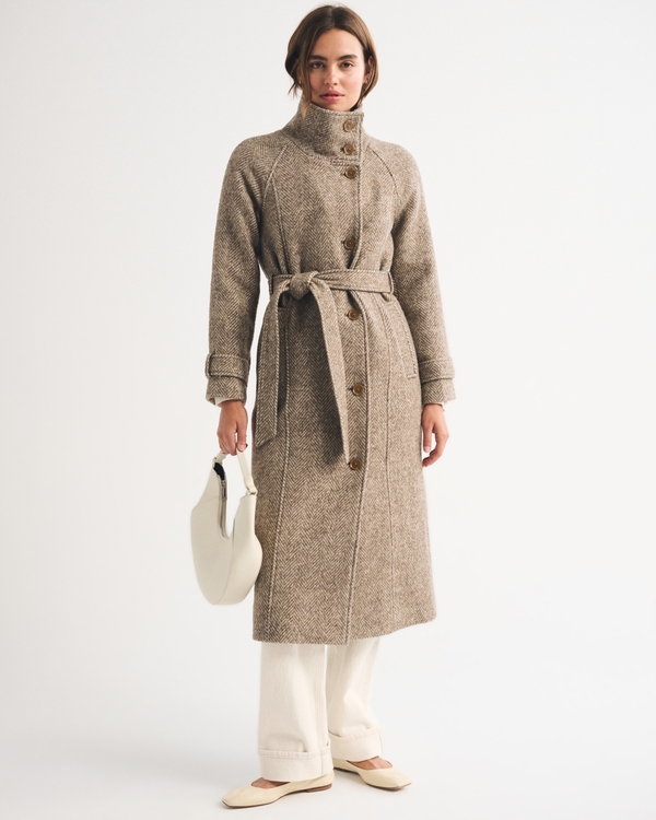 Funnel Neck Wool-Blend Long Coat, Brown Herringbone view 1
