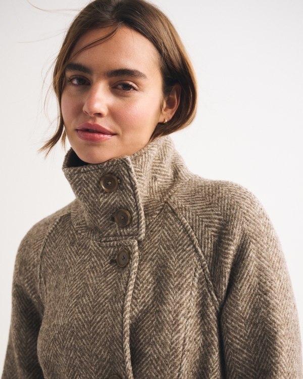 Funnel Neck Wool-Blend Long Coat, Brown Herringbone view 2