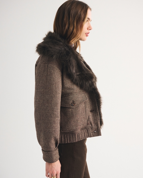 Women's Faux Fur Collar Wool-Blend Bomber Jacket | Women's