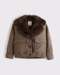 Faux Fur Collar Wool-Blend Bomber Jacket