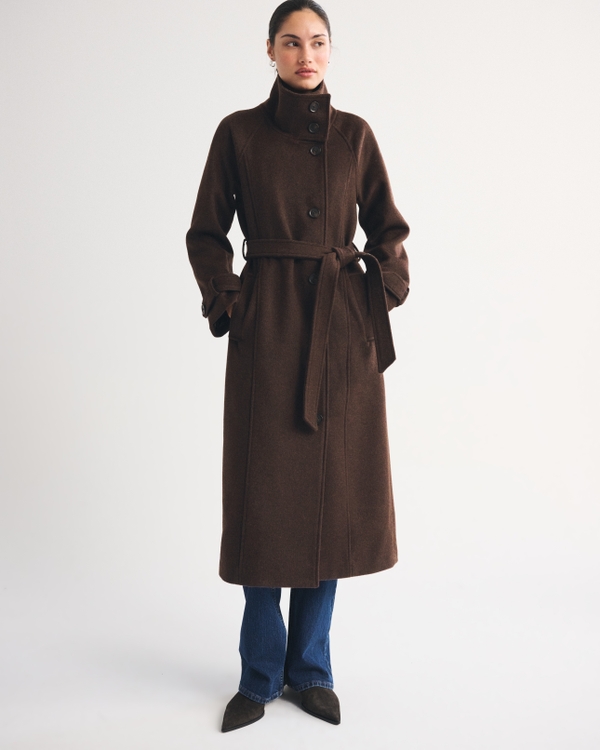 Funnel Neck Wool-Blend Long Coat, Dark Coffee view 1