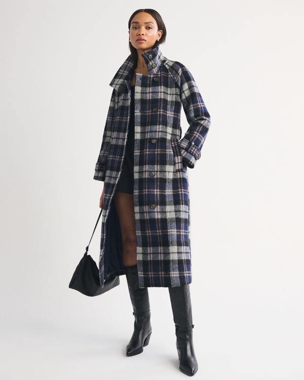 Funnel Neck Wool-Blend Long Coat, Blue Plaid view 1