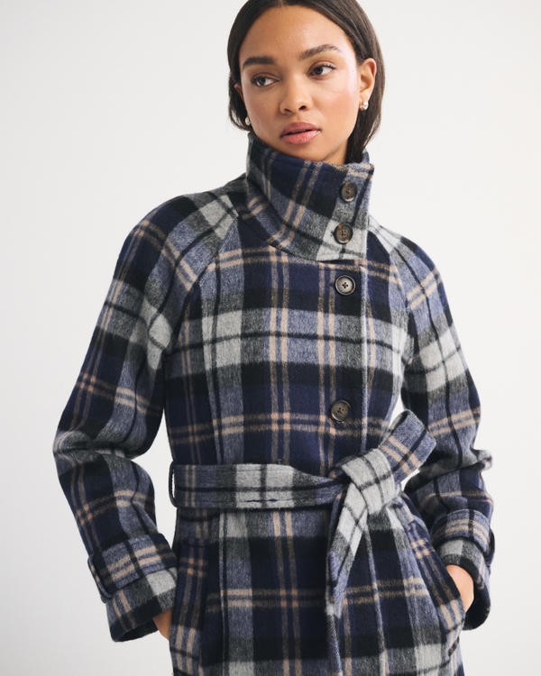 Funnel Neck Wool-Blend Long Coat, Blue Plaid view 2
