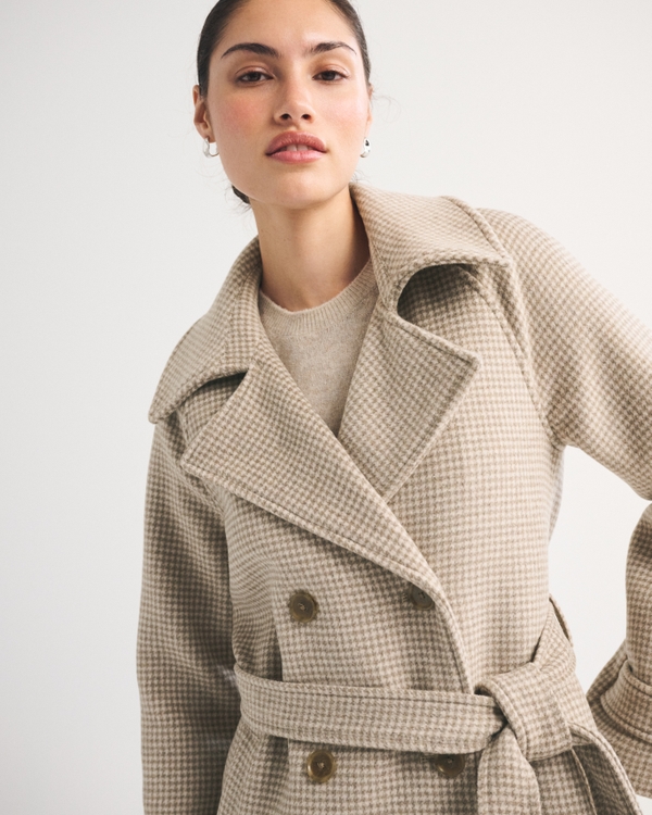 A&F Carrie Wool-Blend Trench Coat, Light Brown Houndstooth view 2