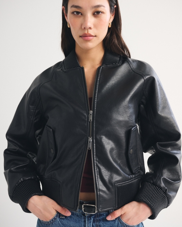 Vegan Leather Shrunken Military Bomber Jacket, Black view 1