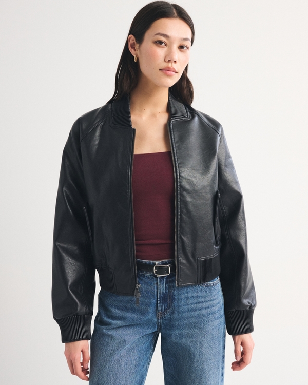 Vegan Leather Shrunken Military Bomber Jacket, Black view 2