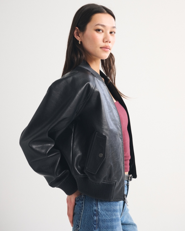Vegan Leather Shrunken Military Bomber Jacket