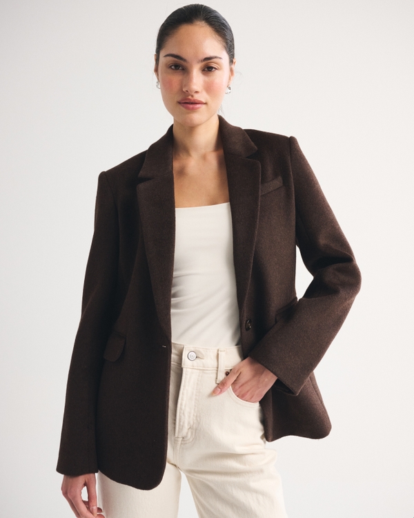 Classic Wool-Blend Blazer, Brown view 1