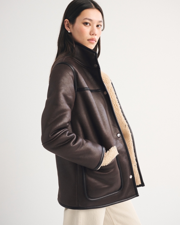 Women's Mockneck Mid-Length Vegan Leather Coat | Women's Coats