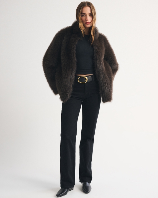 Women's Reversible Mockneck Mid-Length Faux Fur Shearling Coat