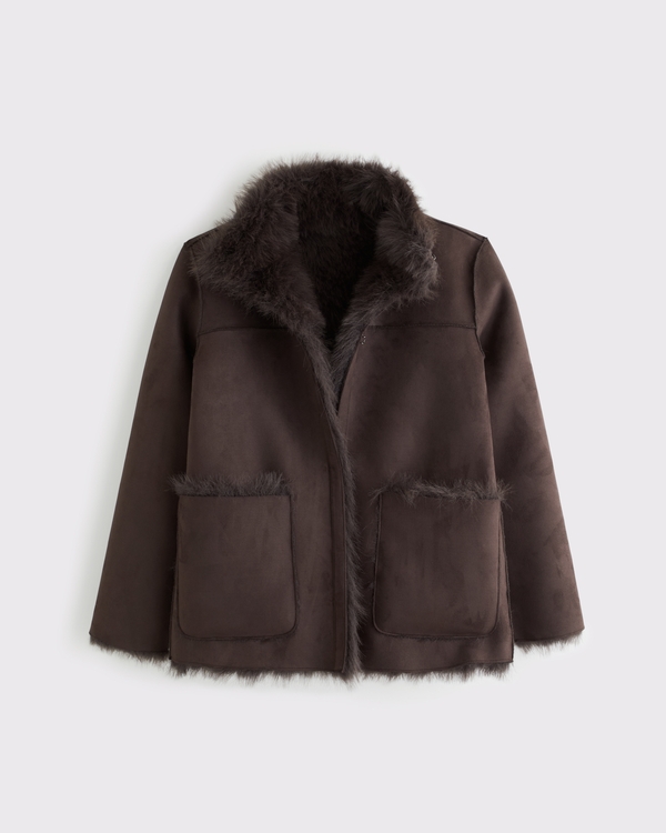 Women's Reversible Mockneck Mid-Length Faux Fur Shearling Coat