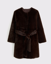 Reversible Collarless Mid-Length Shearling Coat