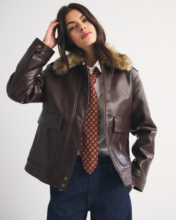 Faux Fur Collar Vegan Leather Straight Cut Jacket, Coffee view 1