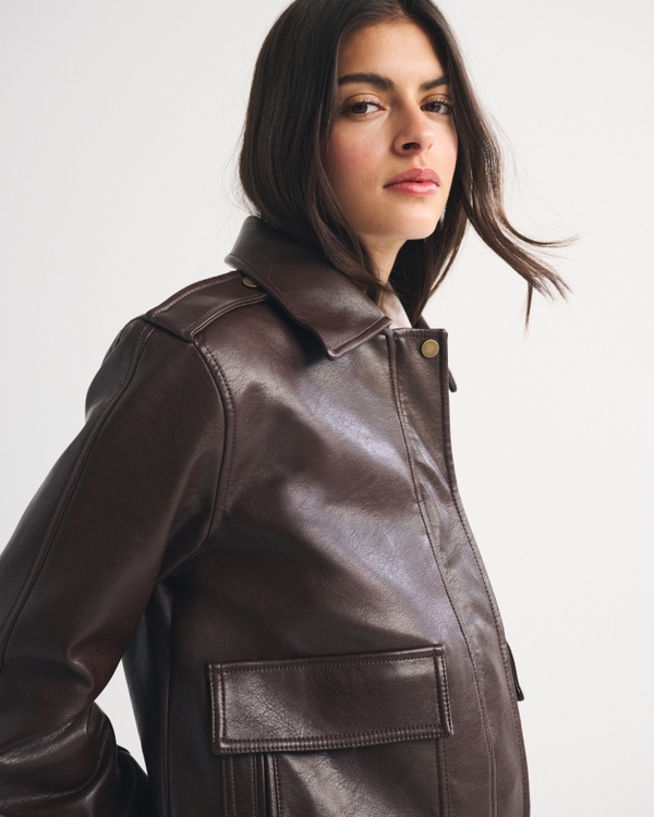 Faux Fur Collar Vegan Leather Straight Cut Jacket, Coffee view 2