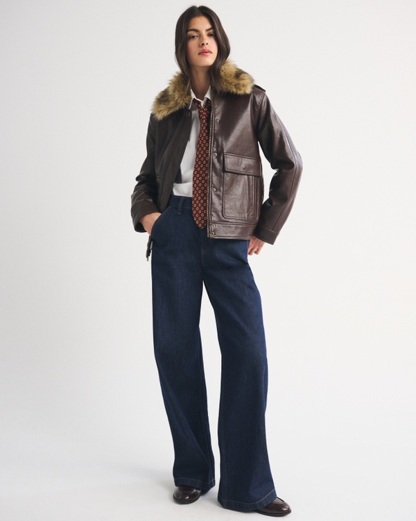 Women's Faux Fur Collar Vegan Leather Straight Cut Jacket