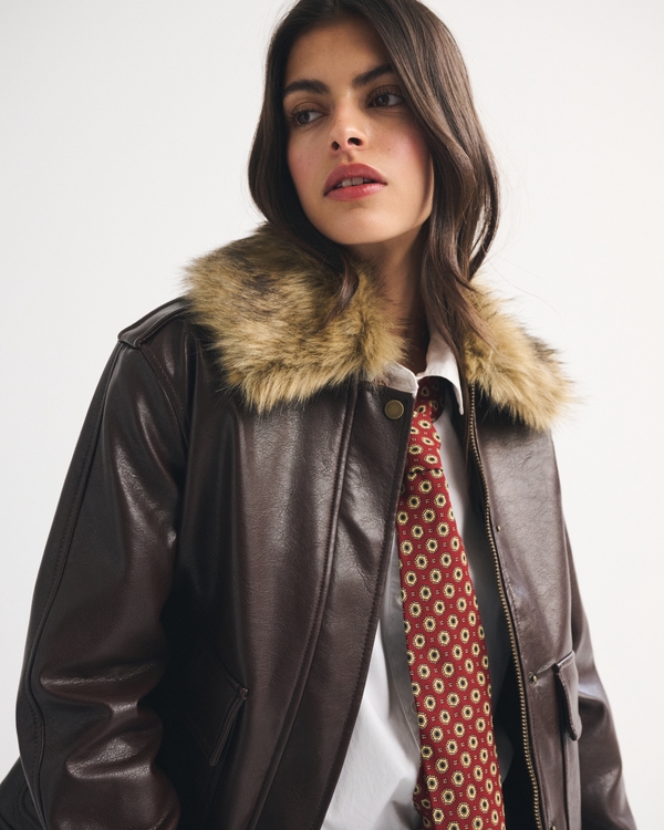 Women's Faux Fur Collar Vegan Leather Straight Cut Jacket