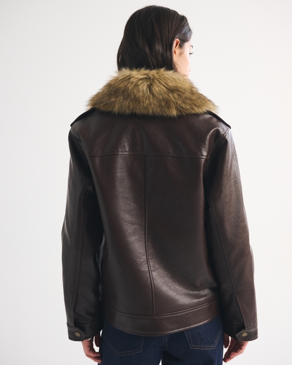 Women's Faux Fur Collar Vegan Leather Straight Cut Jacket