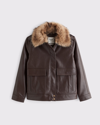 Faux Fur Collar Vegan Leather Straight Cut Jacket