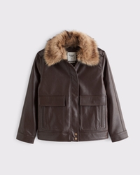 Faux Fur Collar Vegan Leather Straight Cut Jacket