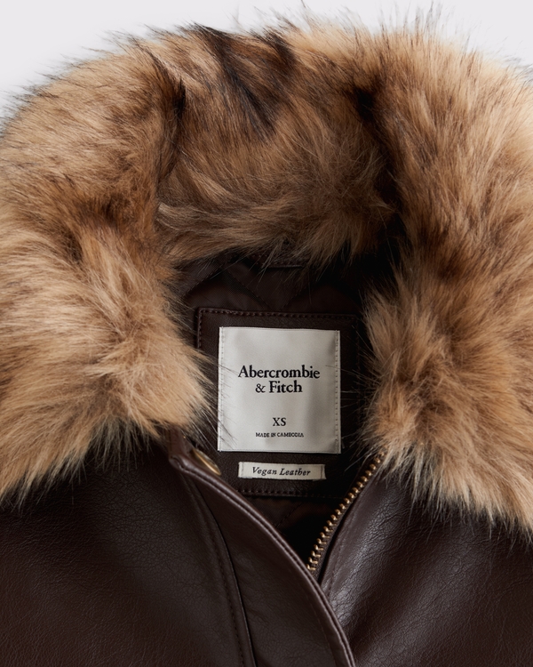 Women's Faux Fur Collar Vegan Leather Straight Cut Jacket