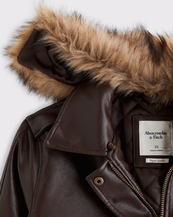 Women's Faux Fur Collar Vegan Leather Straight Cut Jacket