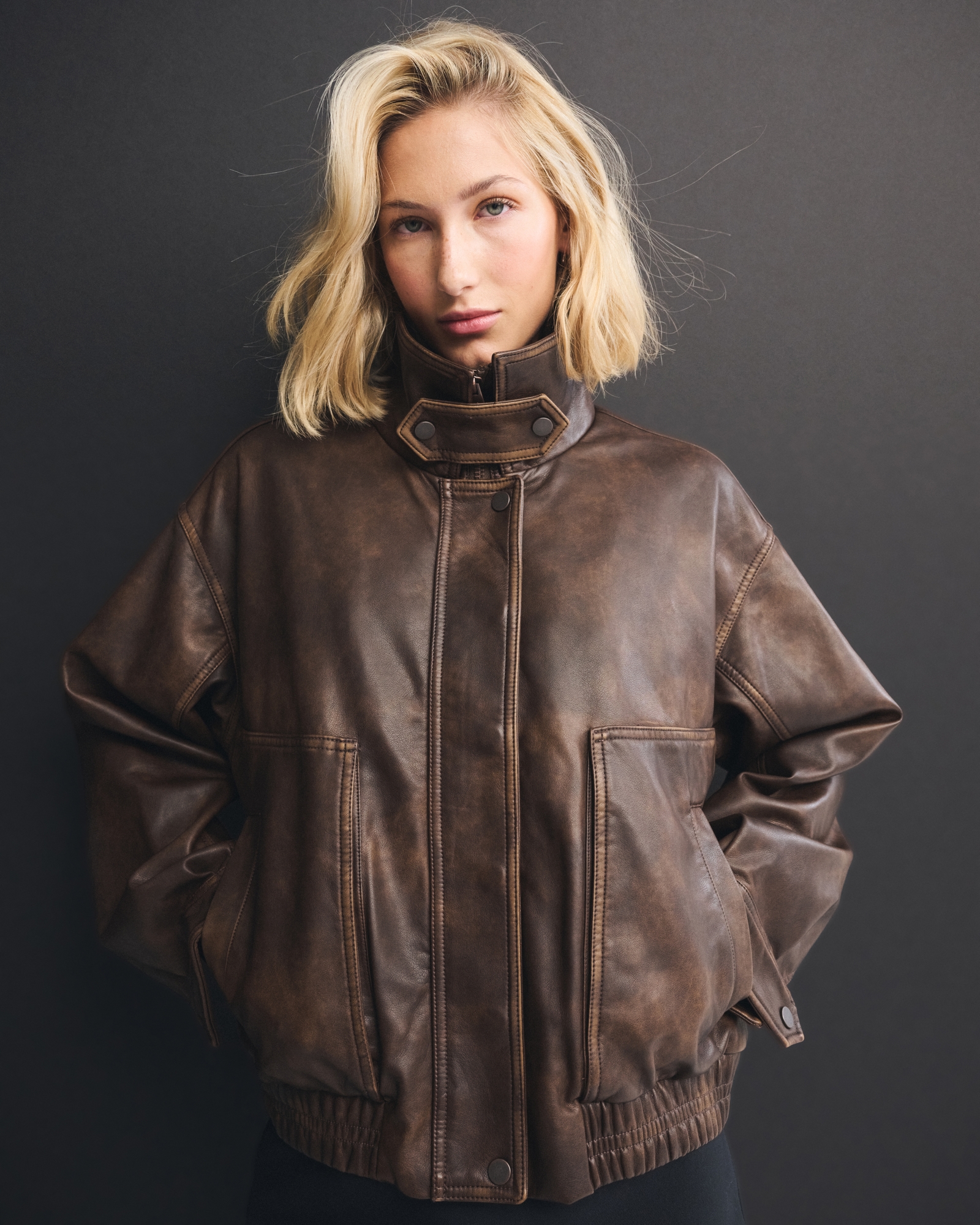 Funnel Neck Vegan Leather Bomber Jacket