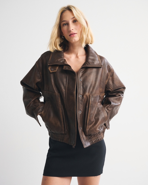 Funnel Neck Vegan Leather Bomber Jacket