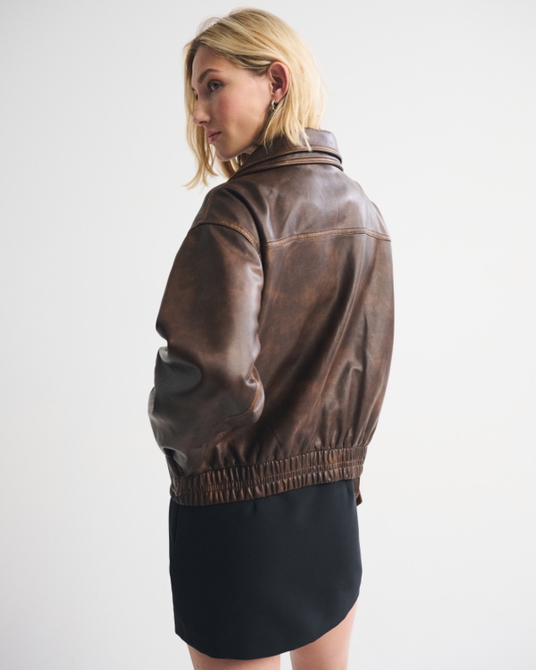 Funnel Neck Vegan Leather Bomber Jacket