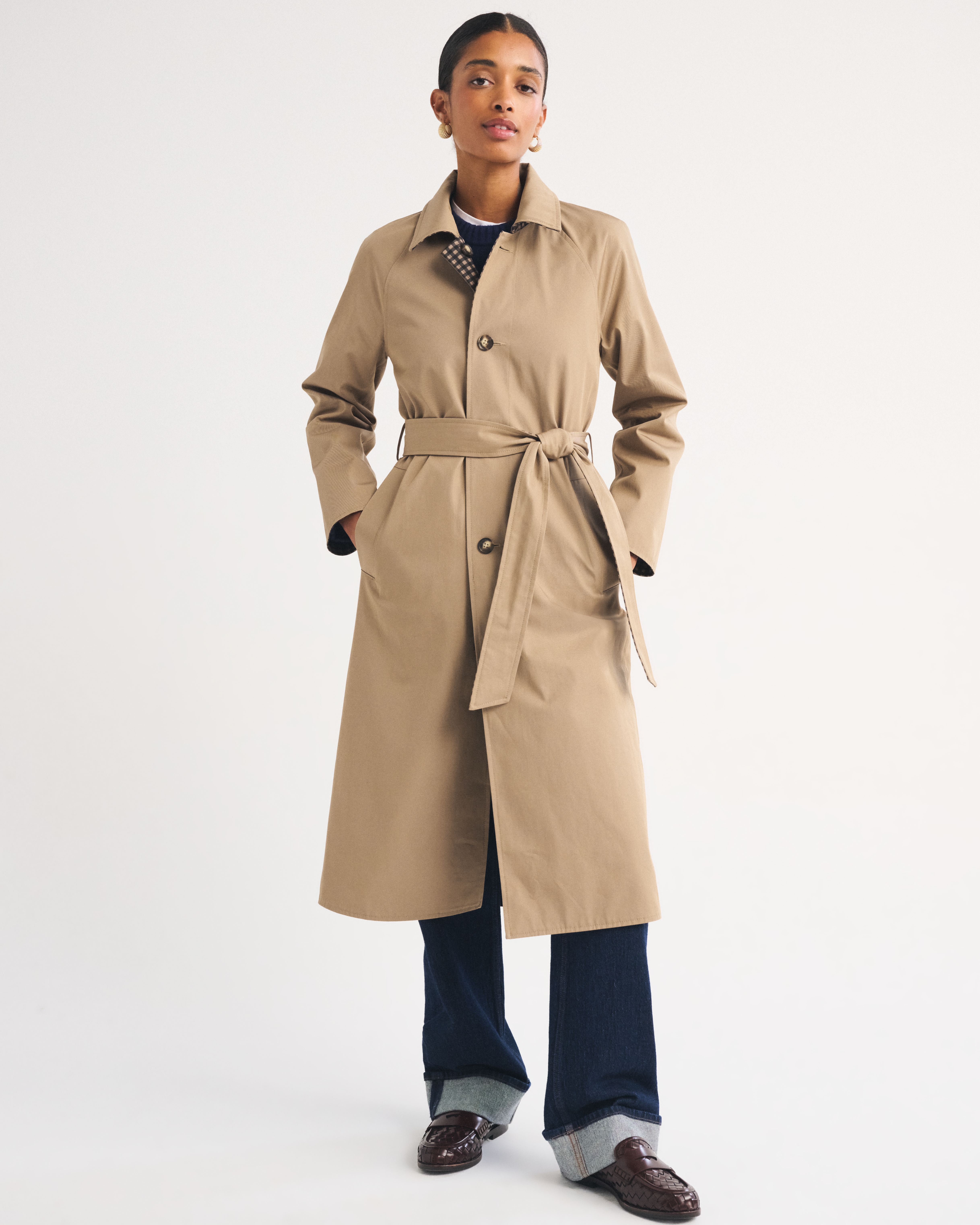 Abercrombie & Fitch 100% Cotton 2-in-1 Reversible Long Mac Coat In Caramel