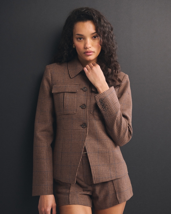 Wool-Blend Menswear Blazer, Brown Plaid view 1