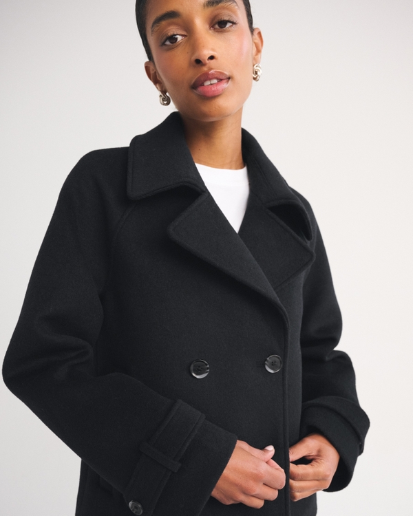 A&F Carrie Short Wool-Blend Trench Coat, Black view 1