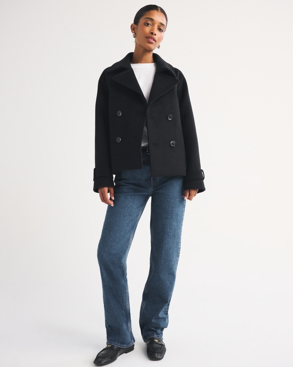 A&F Carrie Short Wool-Blend Trench Coat, Black view 2
