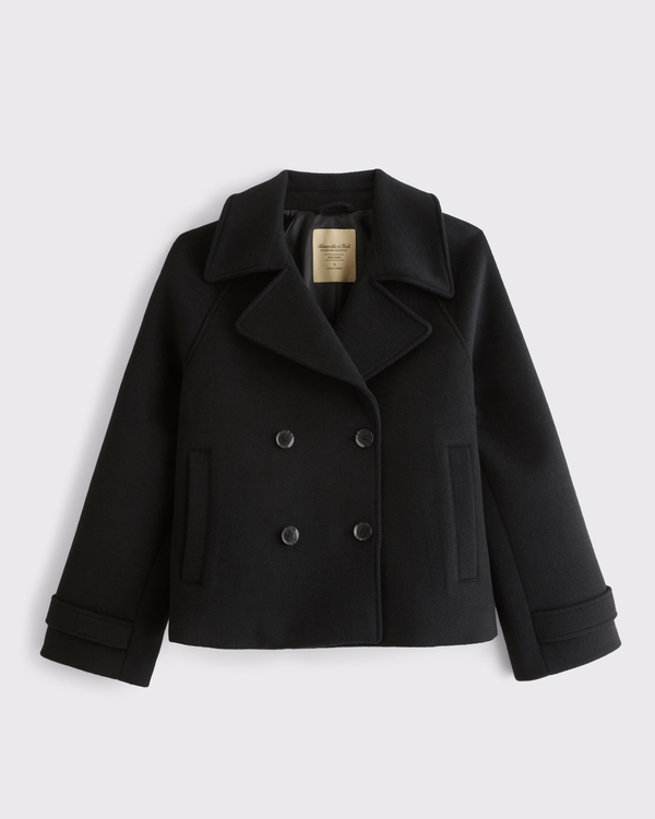A&F Carrie Short Wool-Blend Trench Coat, Black view 1