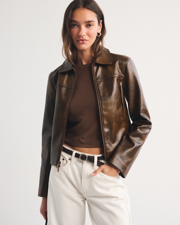 Slim Zip Vegan Leather Jacket, Dark Brown Leather view 1