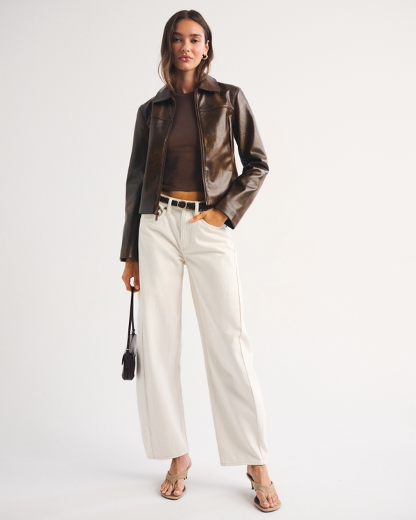 Slim Zip Vegan Leather Jacket, Dark Brown Leather view 2
