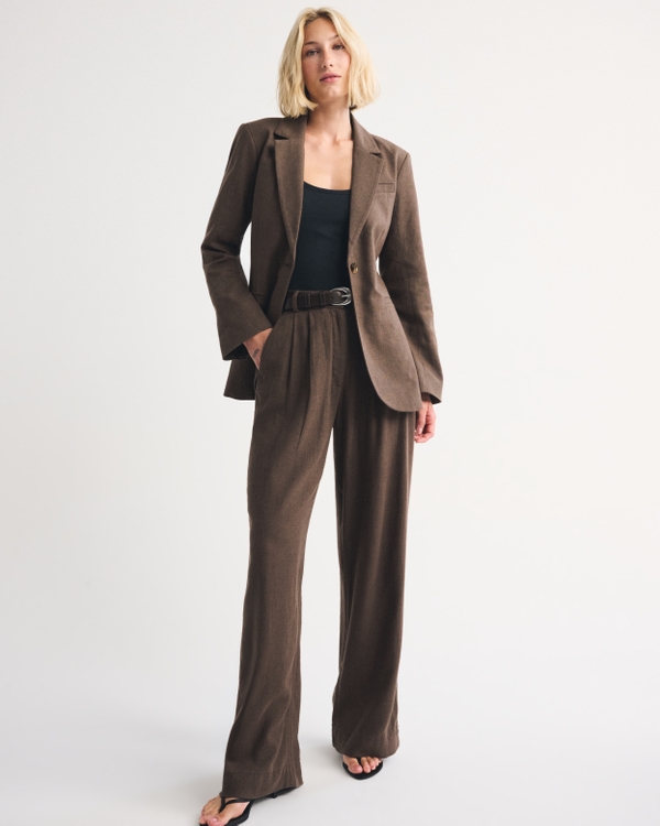 Linen-Blend Nipped-Waist Blazer, Brown view 2