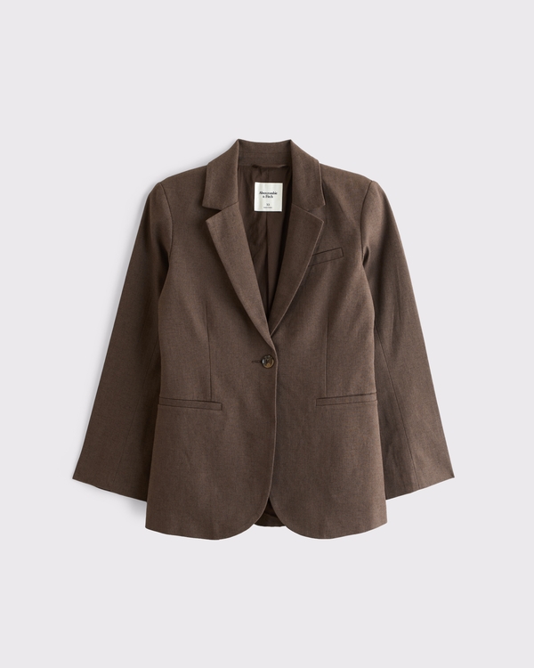 Linen-Blend Nipped-Waist Blazer, Brown view 1