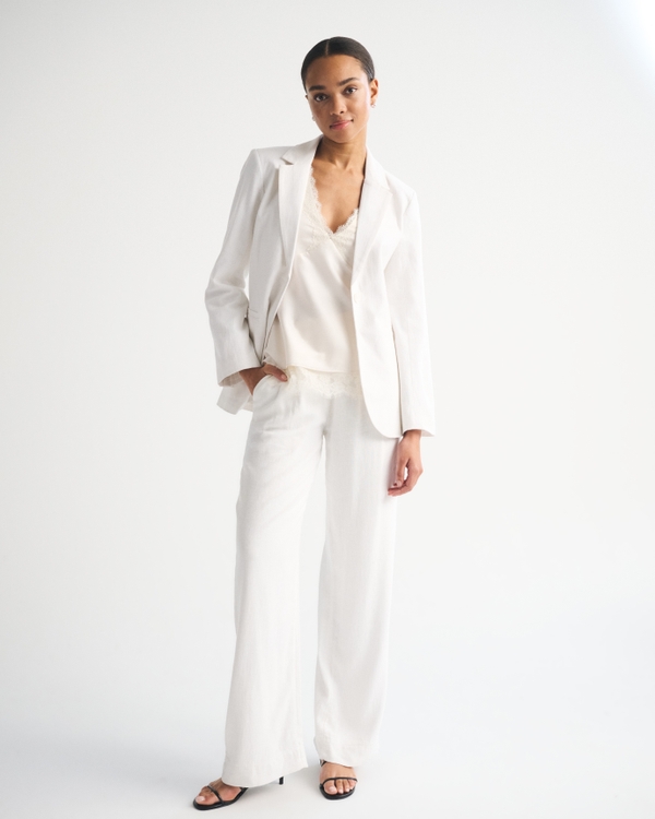 Linen-Blend Nipped-Waist Blazer, Cream view 2