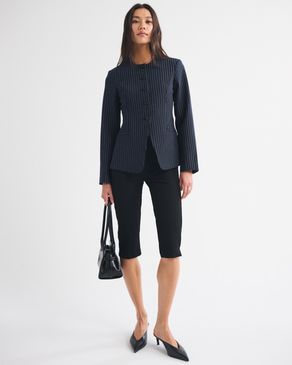 Collarless Suiting Blazer, Navy Stripe view 2