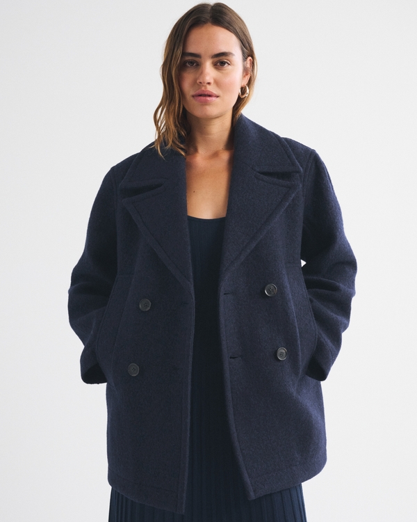 100% Wool Mid-Length Coat, Muted Navy view 1