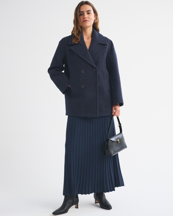 100% Wool Mid-Length Coat, Muted Navy view 2